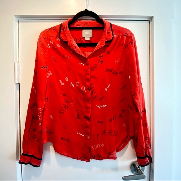 Red button down blouse, with black and white prints - Picture 1 of 3